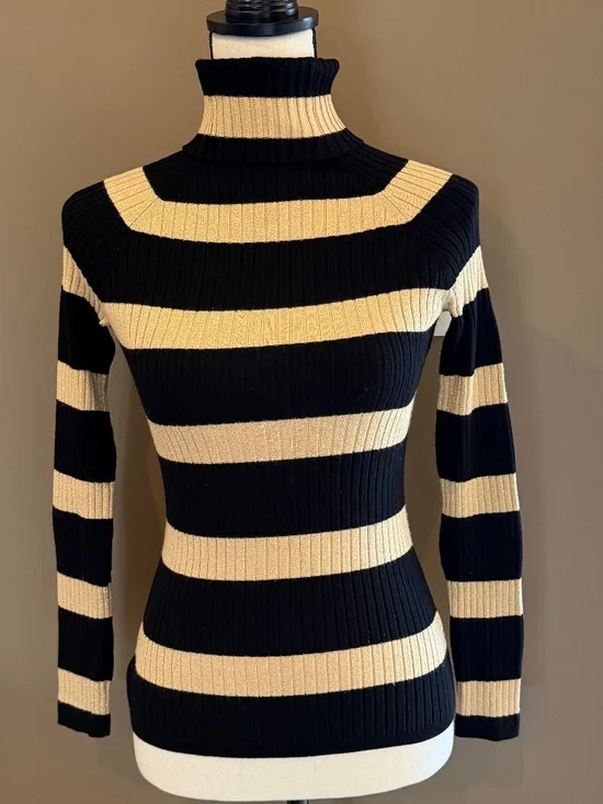 International Concepts Black & Gold striped ribbed turtleneck sweater, Size Med - Picture 1 of 9